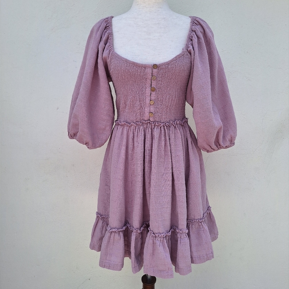 Free People Lavender Puff Sleeve Smocked Mini Dress - Picture 2 of 11